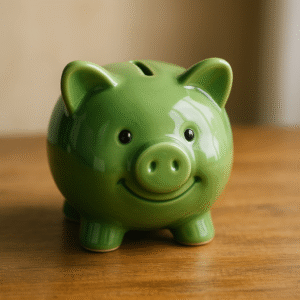 A green piggy bank. A commercial solar panel installation can lead to significant savings for your business.