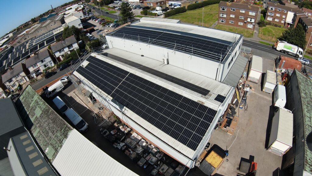 A drone photograph showing a solar installation on the top of Thompsons' Blackpool premises, following the switch to clean energy.
